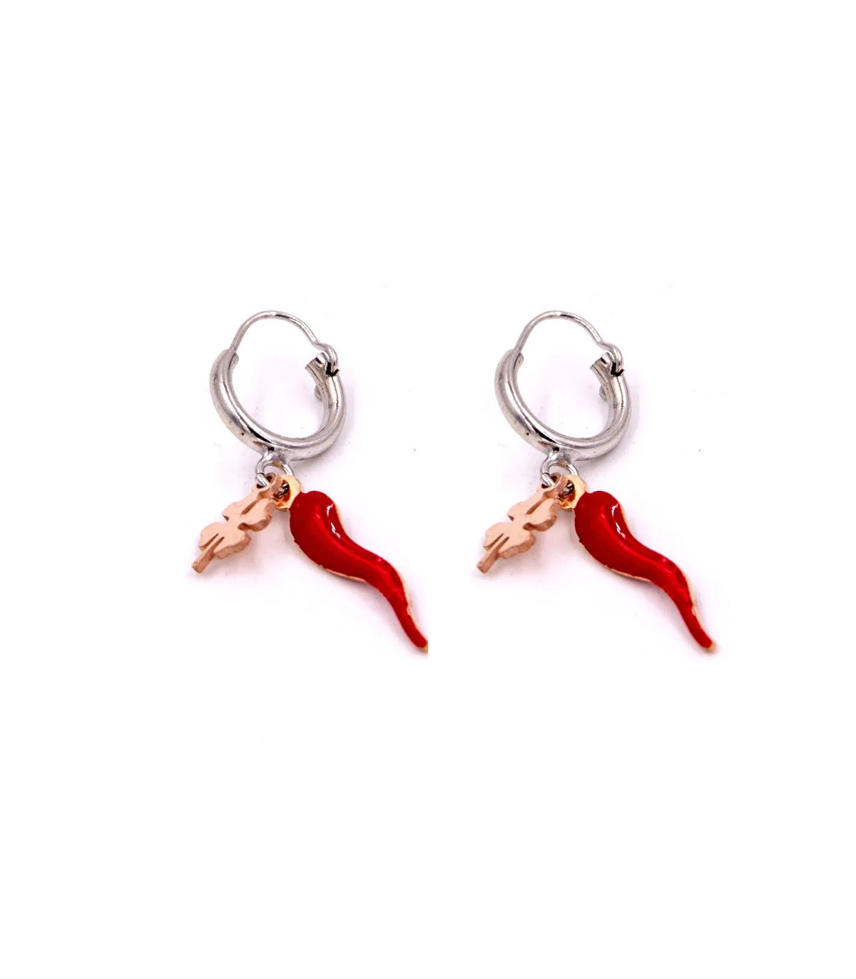 Coppia orecchini a cerchio in argento con cornetto e quadrifoglio