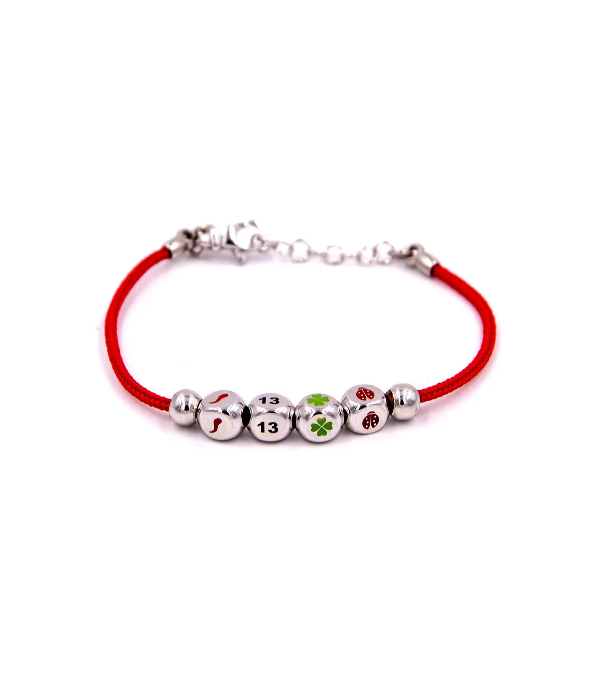 Bracciale in argento con filo rosso e quattro bussolotti portafortuna