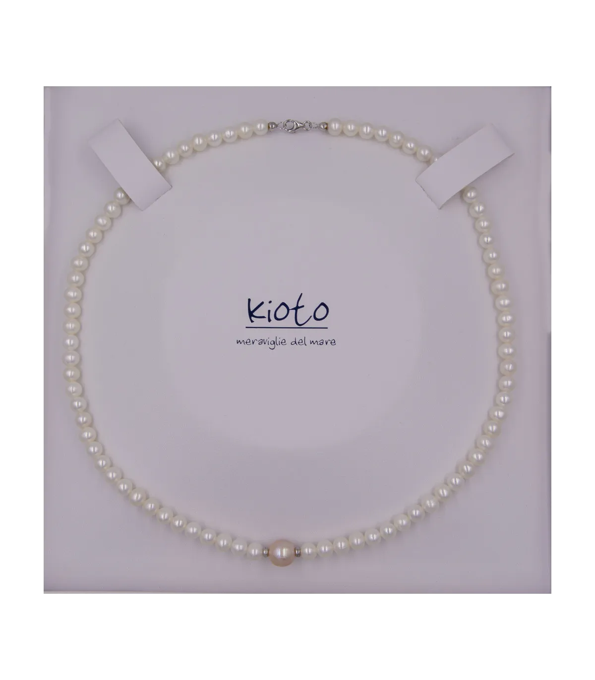 Collana di perle in oro bianco con perla centrale rosa
