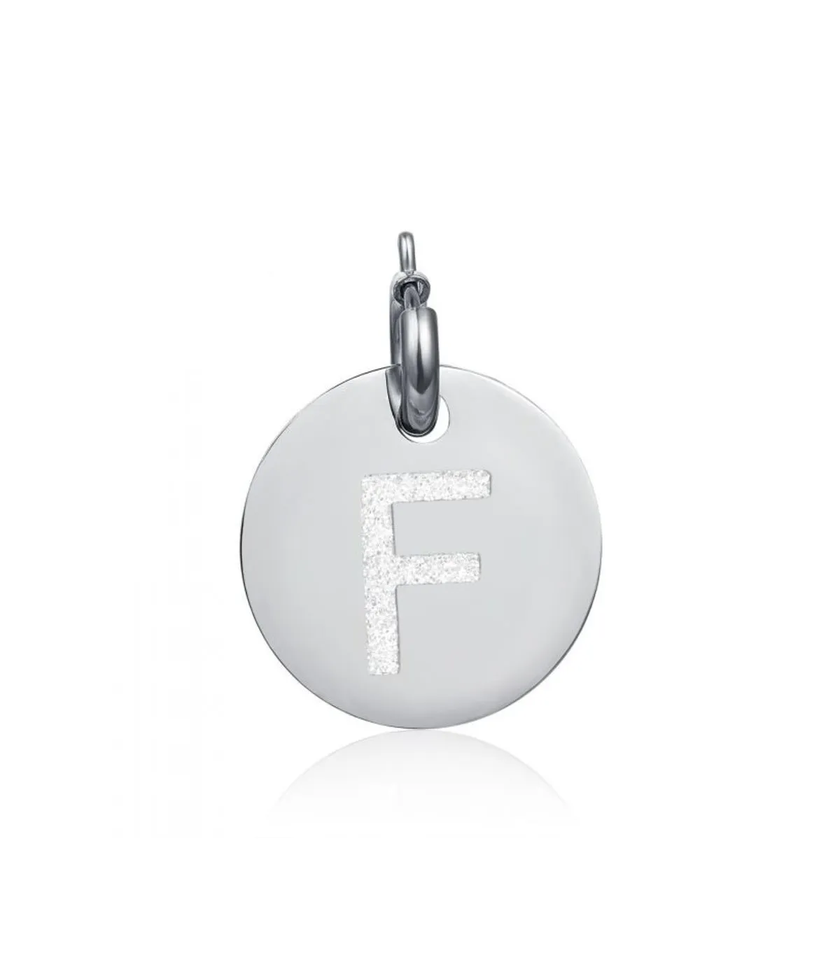 Charm in acciaio con lettera F glitterata