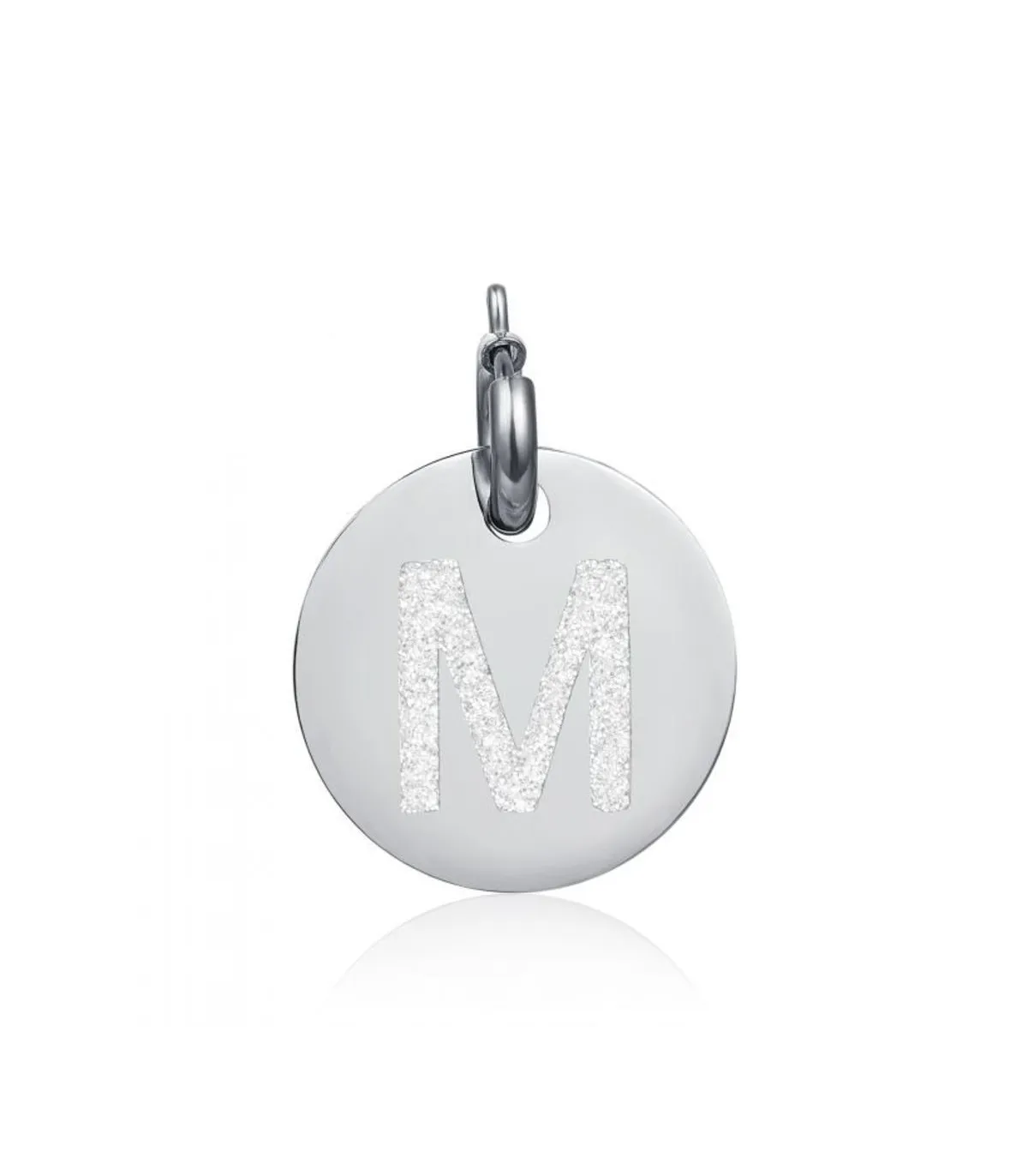 Charm in acciaio con lettera M glitterata