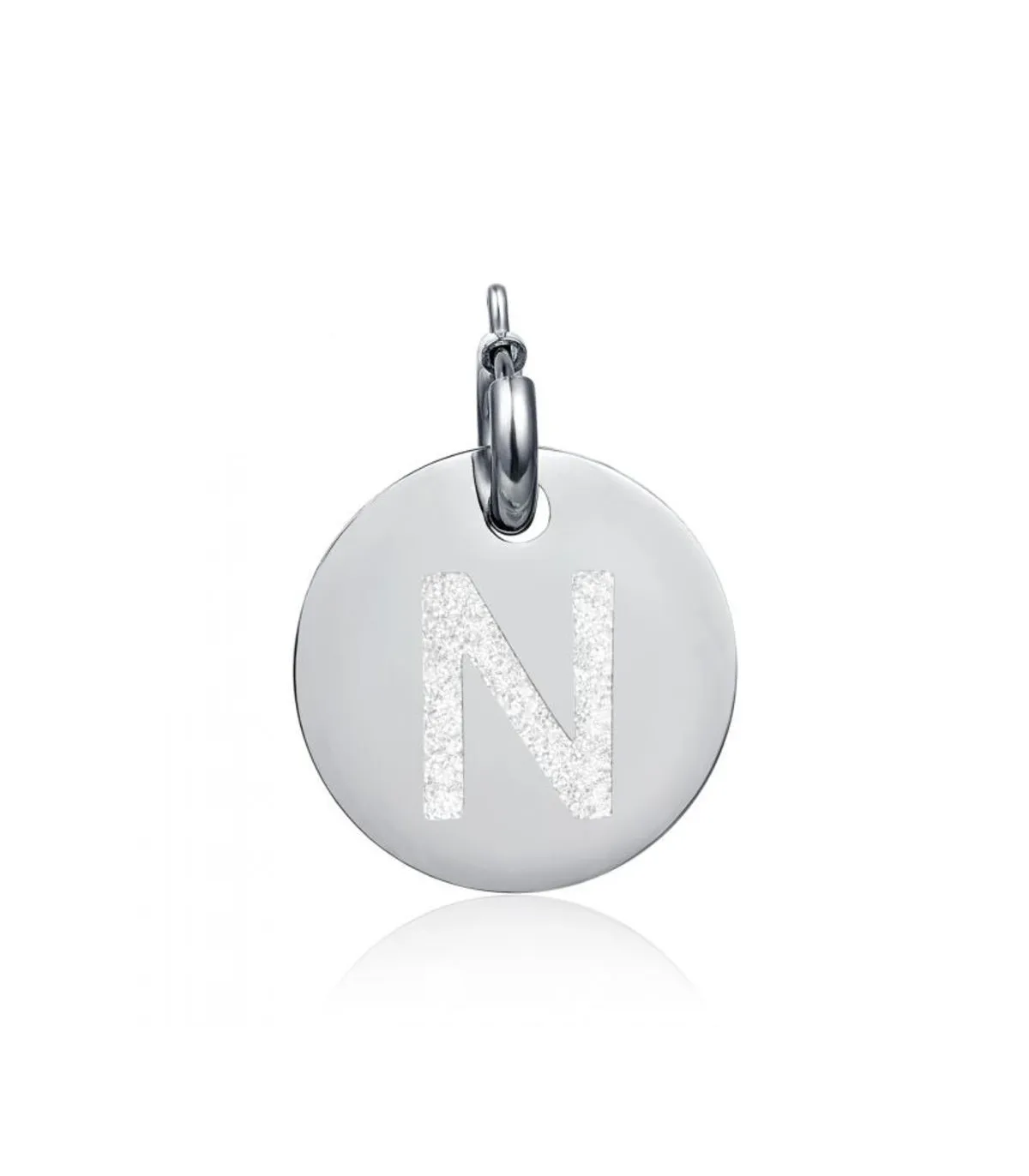 Charm in acciaio con lettera N glitterata