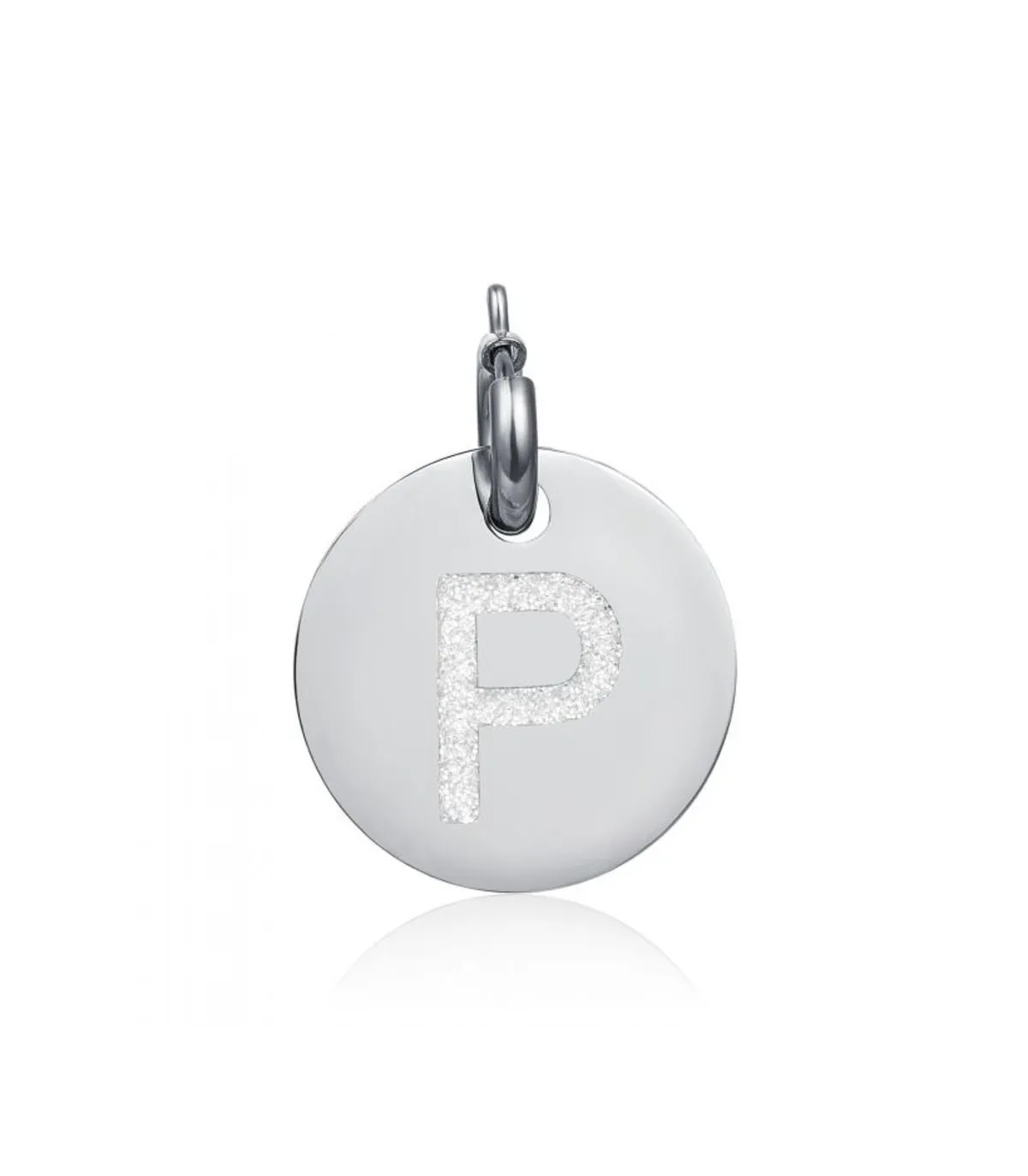 Charm in acciaio con lettera P glitterata