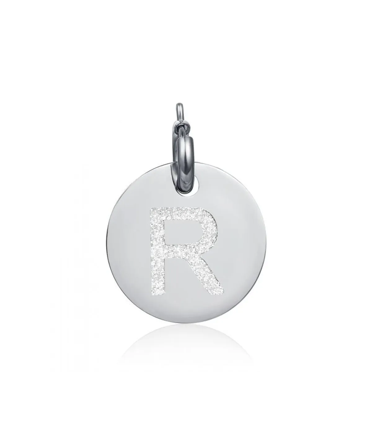 Charm in acciaio con lettera R glitterata