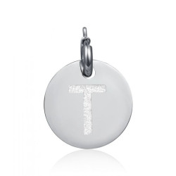 Charm in acciaio con lettera T glitterata