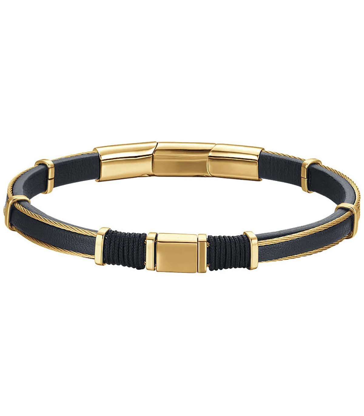 Bracciale da uomo in pelle nera con elementi in acciaio dorato