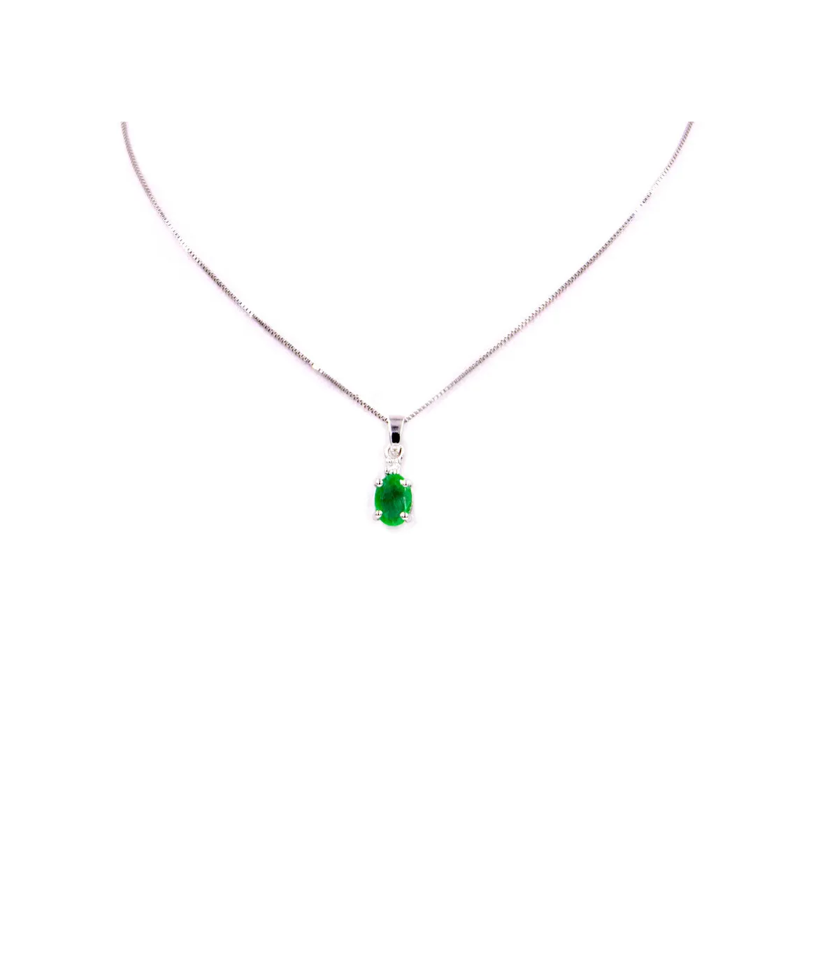 Collana in oro bianco con smeraldo ovale da 0,34ct e brillante da 0,02ct