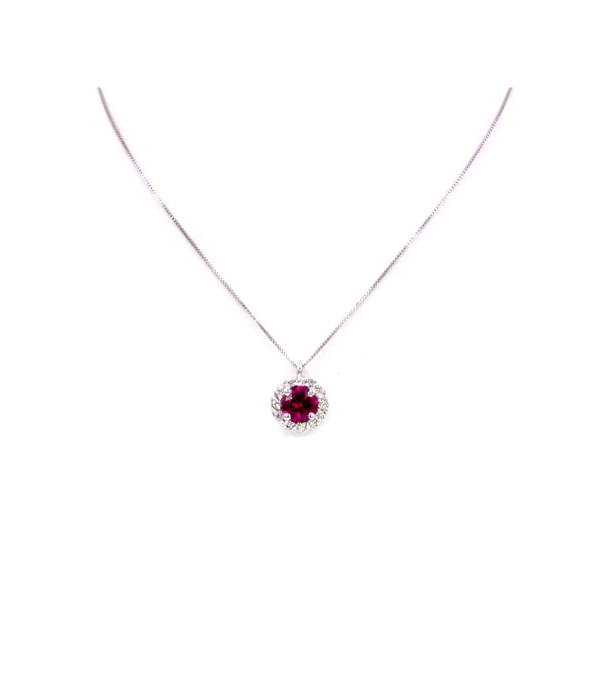 Collana in oro bianco con rubino tondo da 0,58ct e 12 brillanti da 0,02ct