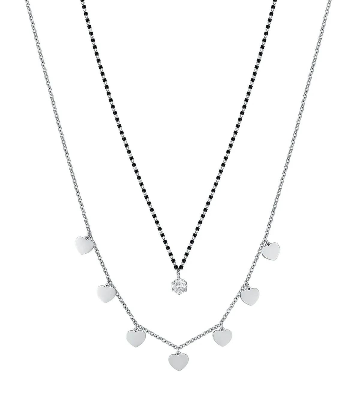 Collana da donna multifilo in acciaio con cuori ed elementi neri con cristallo bianco