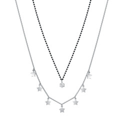 Collana da donna multifilo in acciaio con stelle ed elementi neri con cristallo bianco