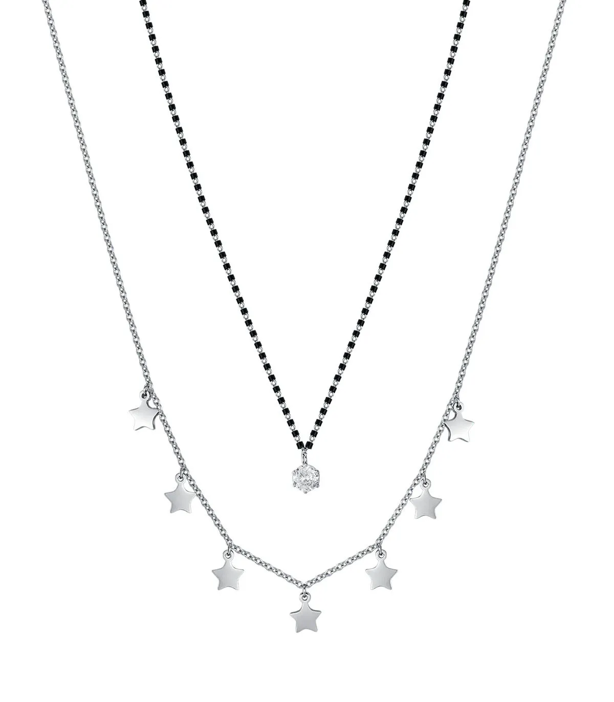 Collana da donna multifilo in acciaio con stelle ed elementi neri con cristallo bianco