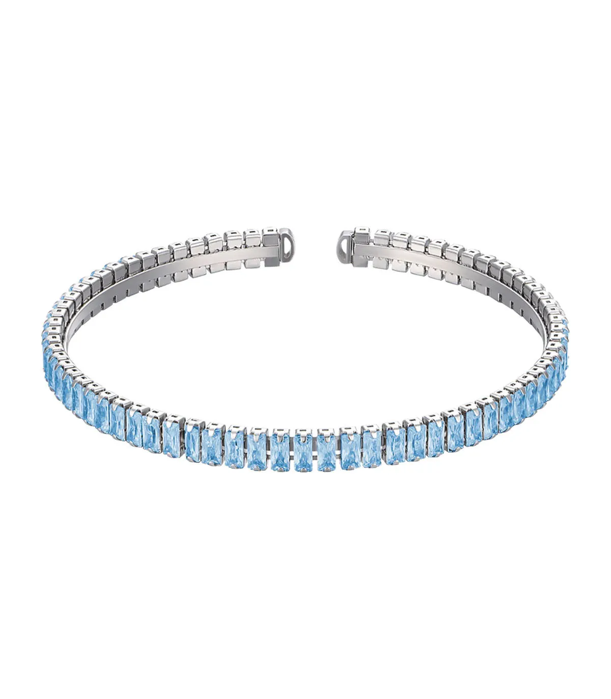 Bracciale tennis da donna in acciaio semirigido con cristalli azzurri