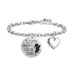 Bracciale da donna in acciaio "Tutto inizia con un sogno" con smalto nero e cuore
