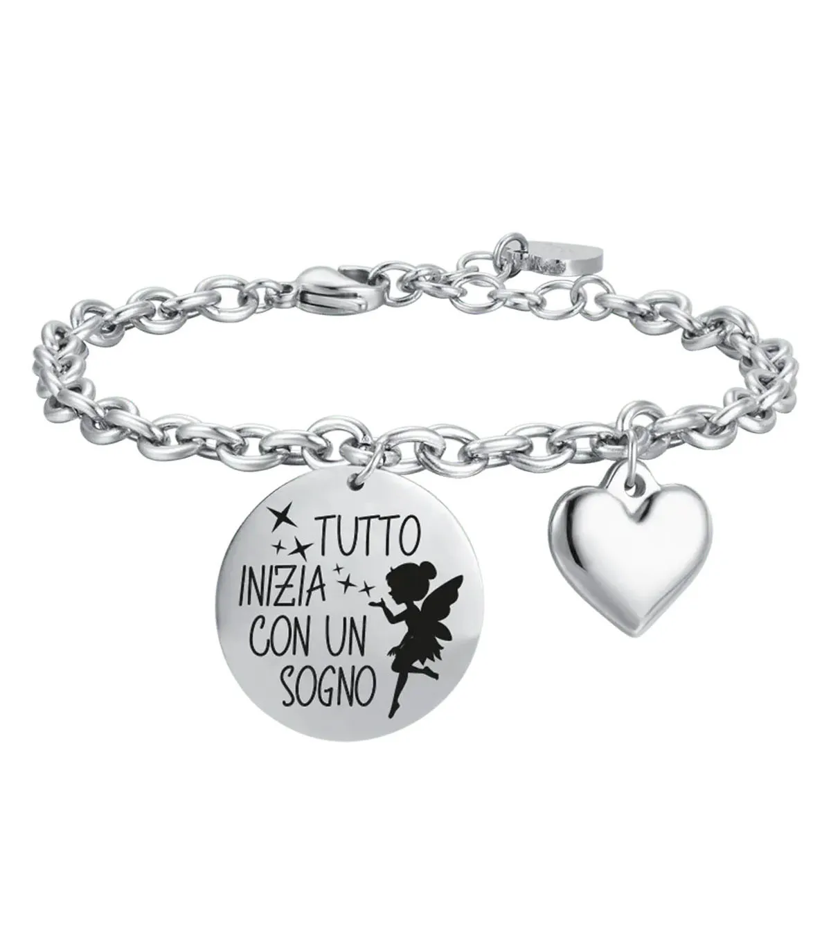 Bracciale da donna in acciaio "Tutto inizia con un sogno" con smalto nero e cuore
