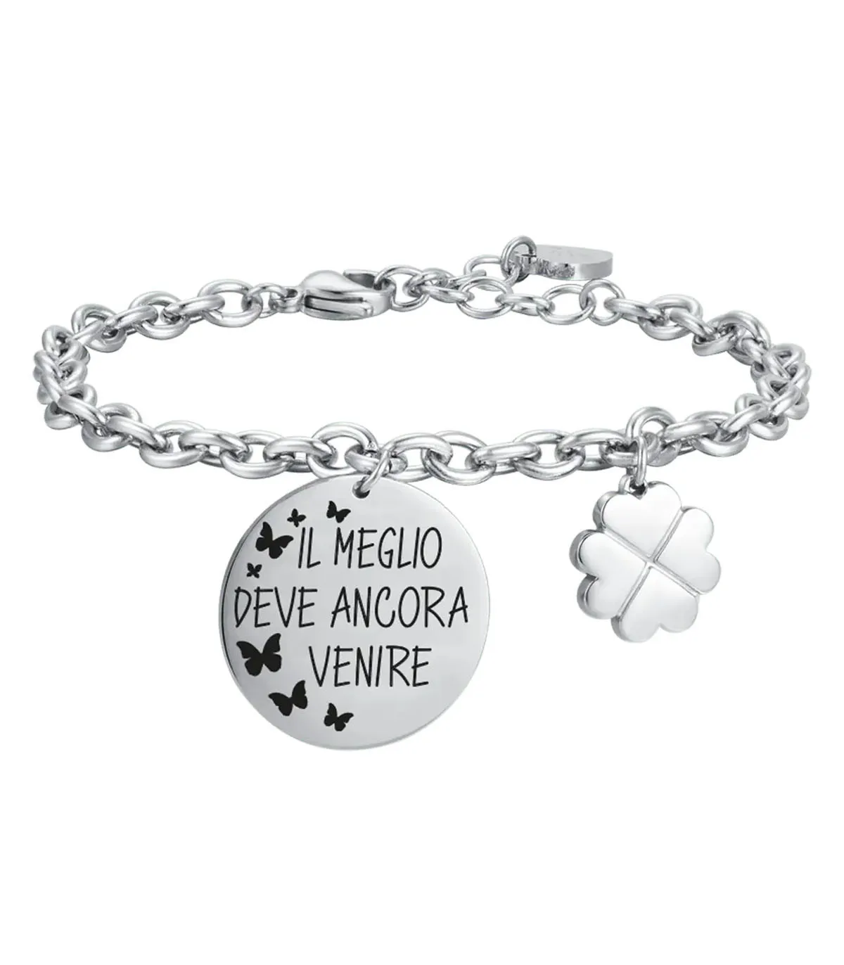 Bracciale da donna in acciaio "Il meglio deve ancora venire" con smalto nero e quadrifoglio