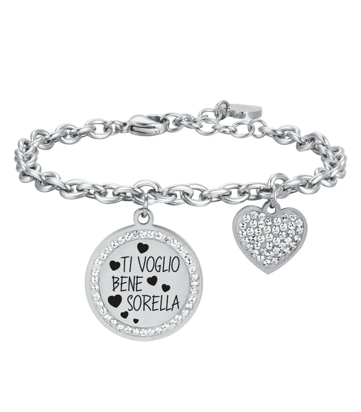 Bracciale da donna in acciaio "Ti voglio bene sorella" con smalto nero, cristalli bianchi e cuore