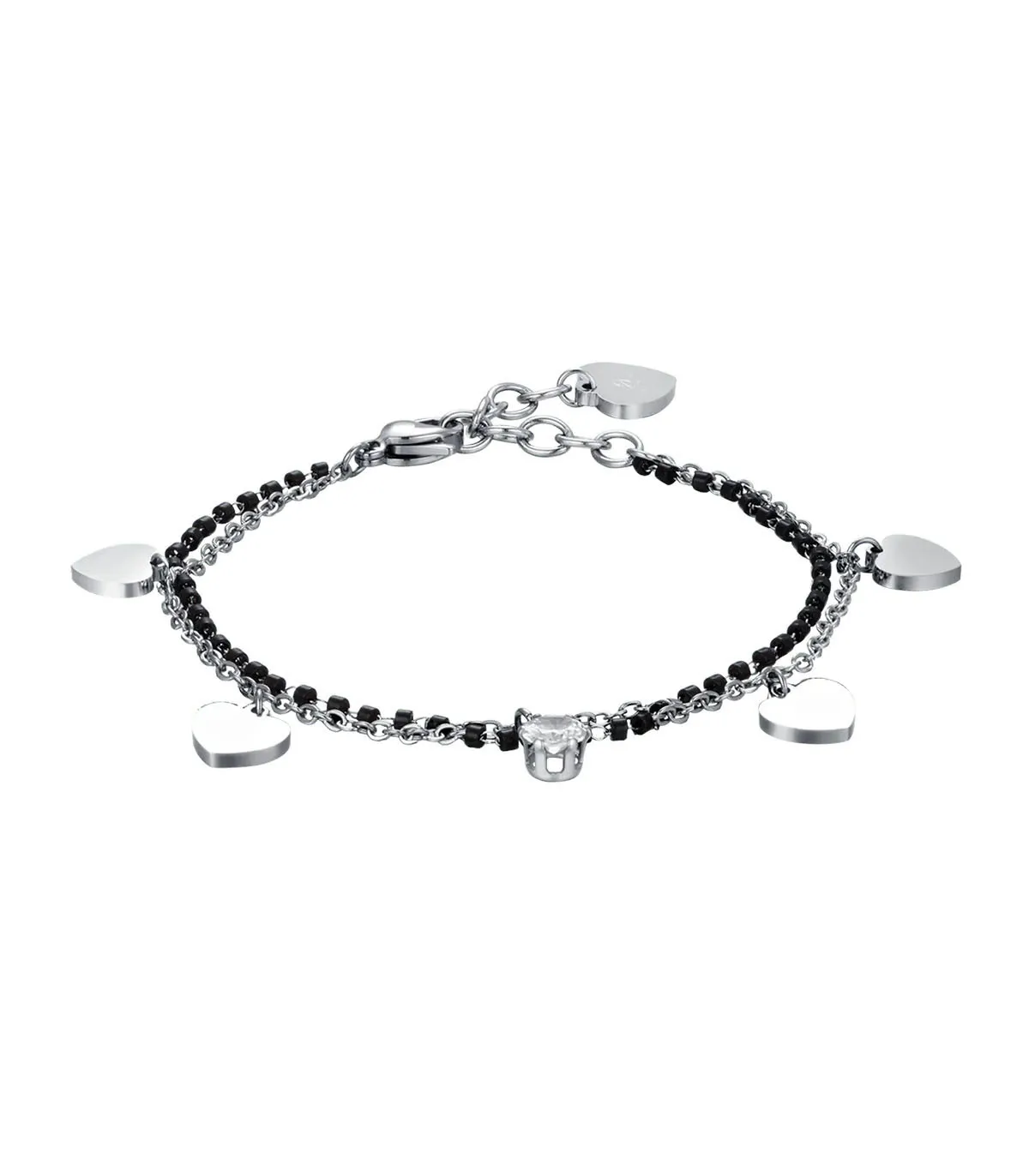 Bracciale da donna in acciaio multifilo con cuori, elementi neri e cristallo bianco