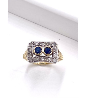 Anello in oro giallo e argento con zaffiri e diamanti taglio antico
