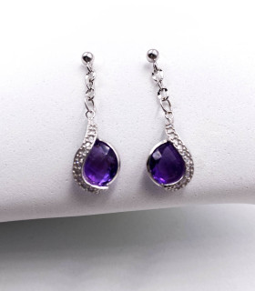 Orecchini pendenti in oro bianco con quarzo viola e zirconi