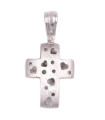 Ciondolo croce in oro bianco satinato con cuori traforati