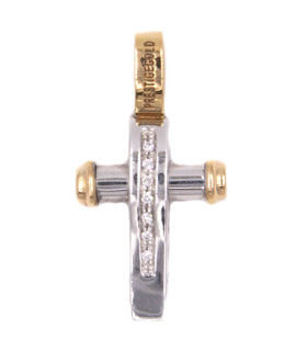 Ciondolo croce in oro bianco e oro giallo con brillanti carati totali 0,07