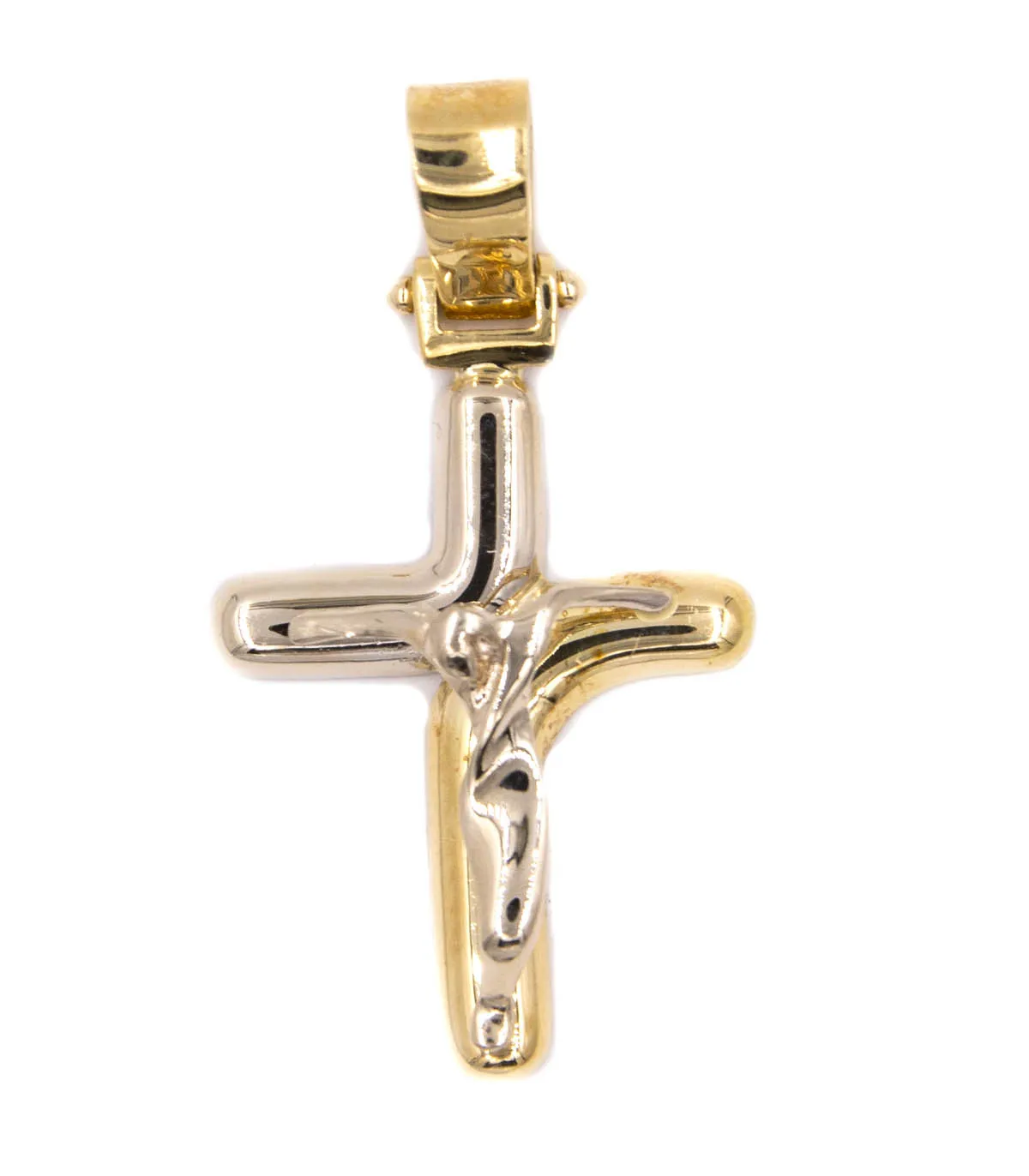 Ciondolo croce in oro giallo e oro bianco con Cristo in oro bianco