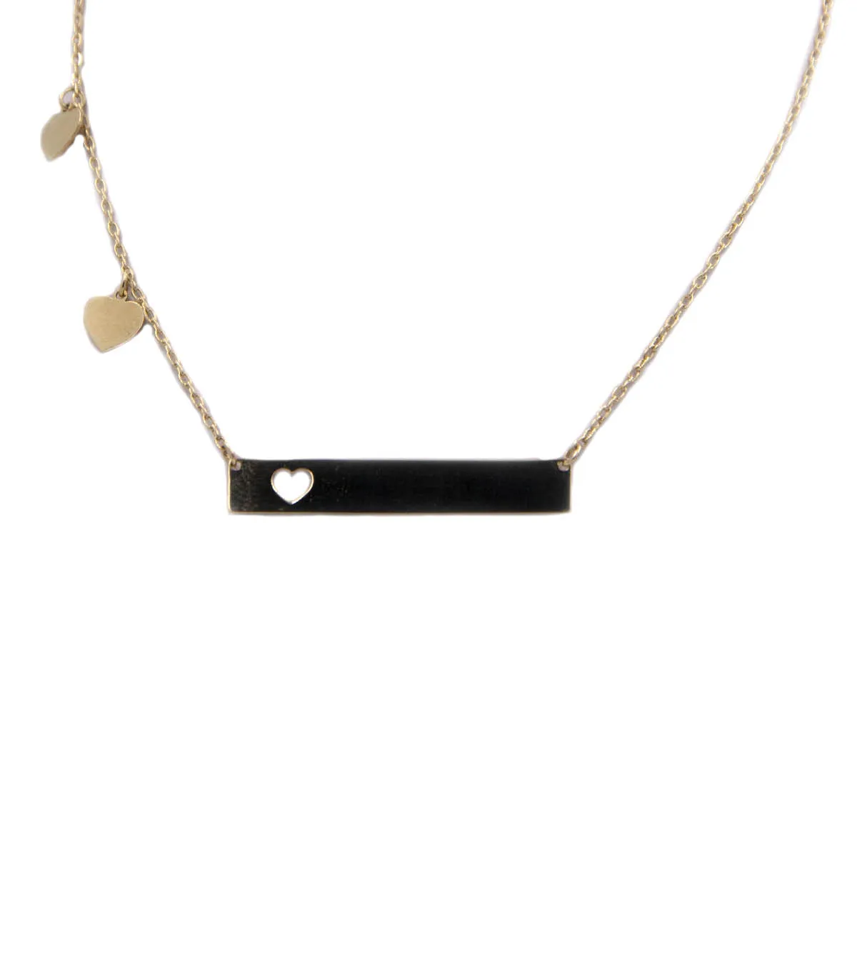 Collana in oro giallo con targhetta e cuoricini