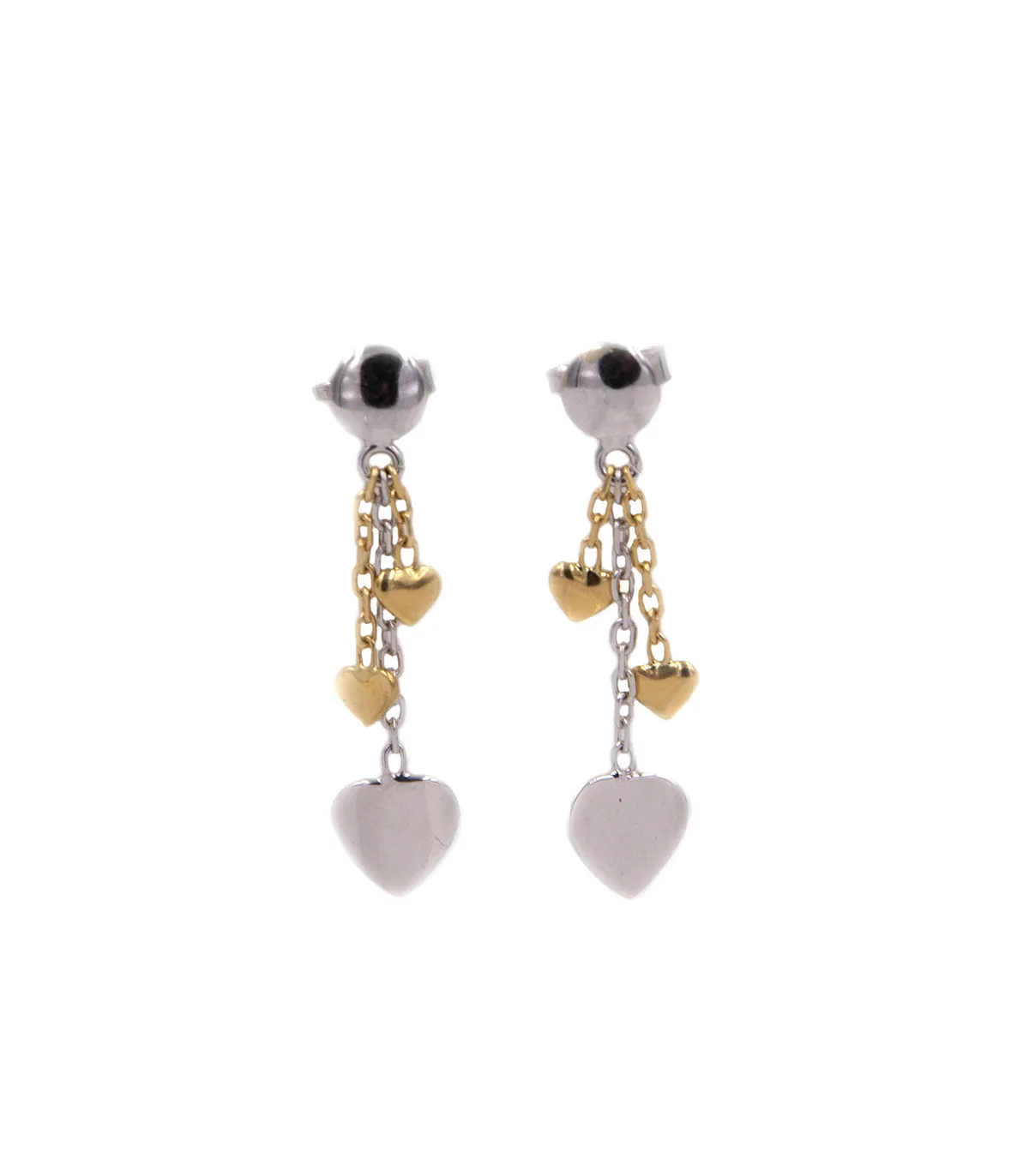Orecchini in oro bianco e oro giallo con cuori pendenti