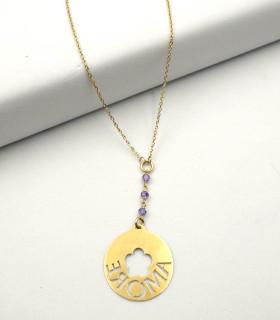Collana in oro giallo con pendente tondo con scritta amore