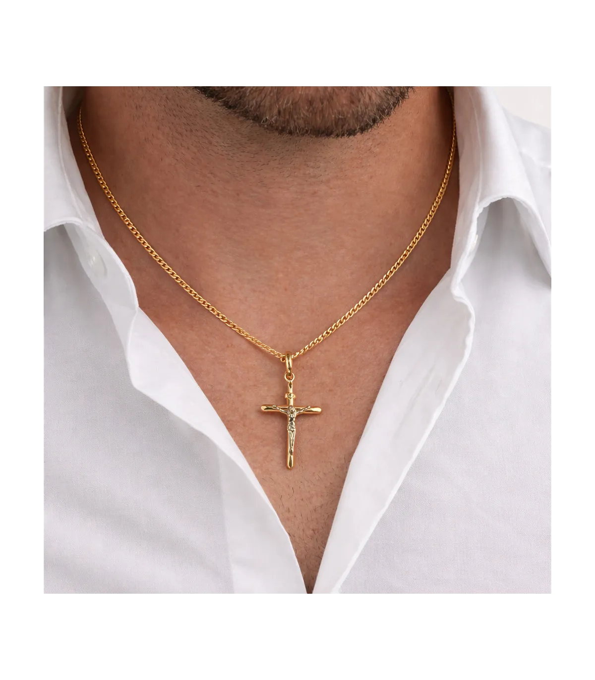 Ciondolo croce in oro giallo con Cristo in oro bianco