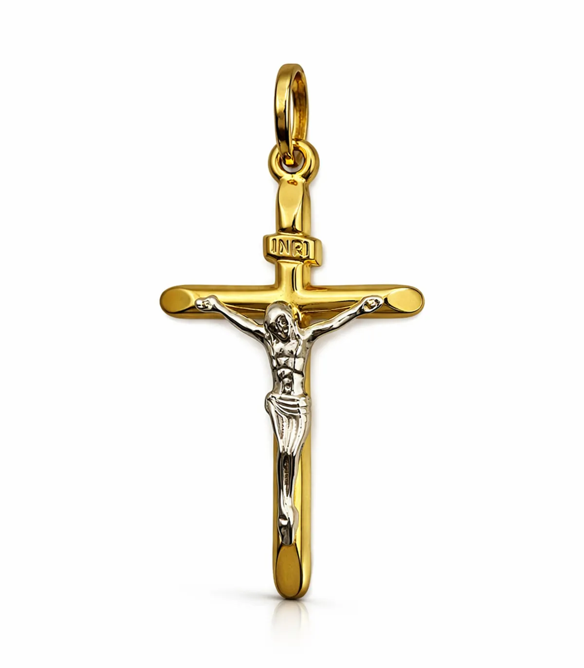 Ciondolo croce in oro giallo con Cristo in oro bianco