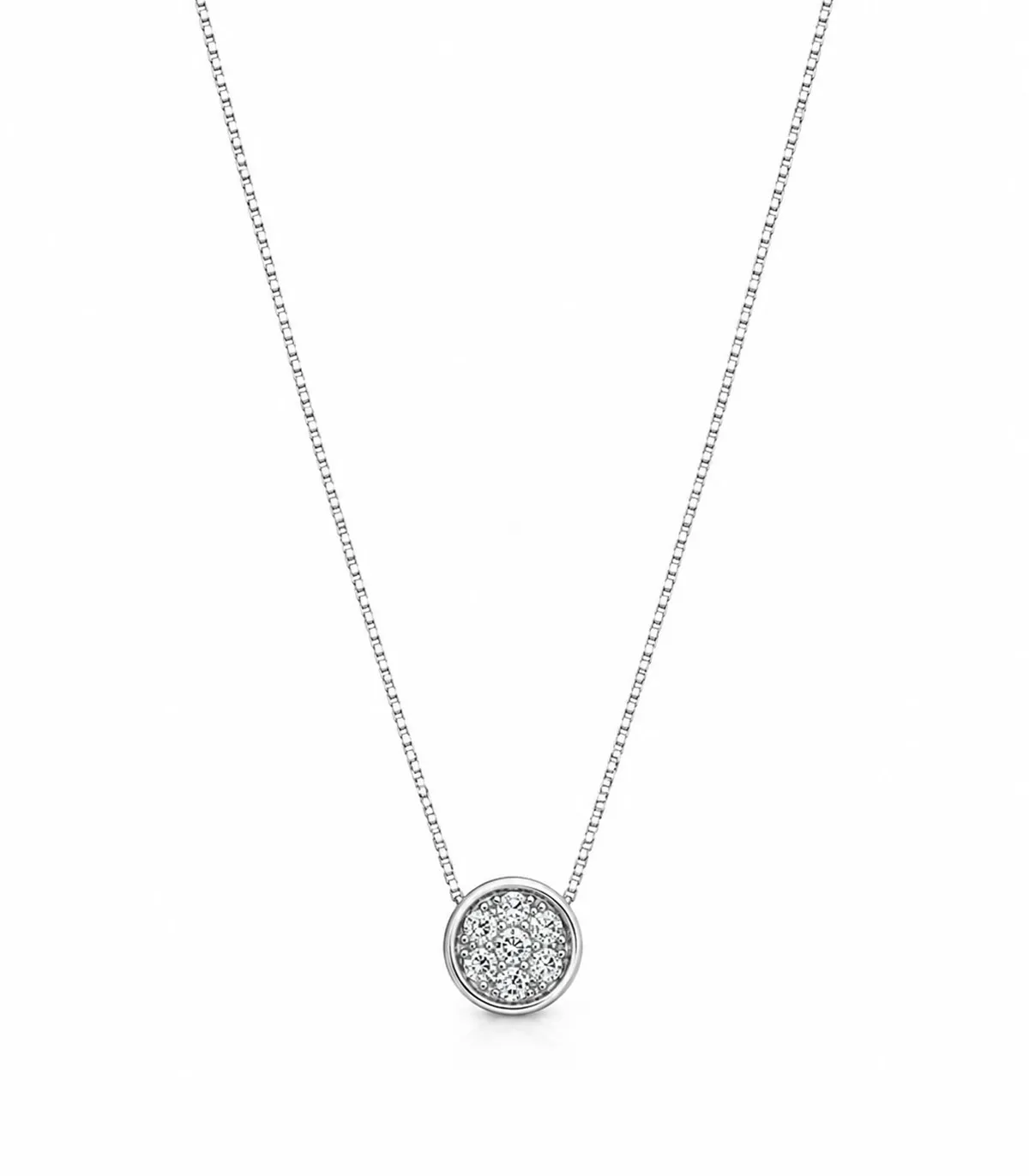 Collana in oro bianco con ciondolo tondo con brillanti carati totali 0,14