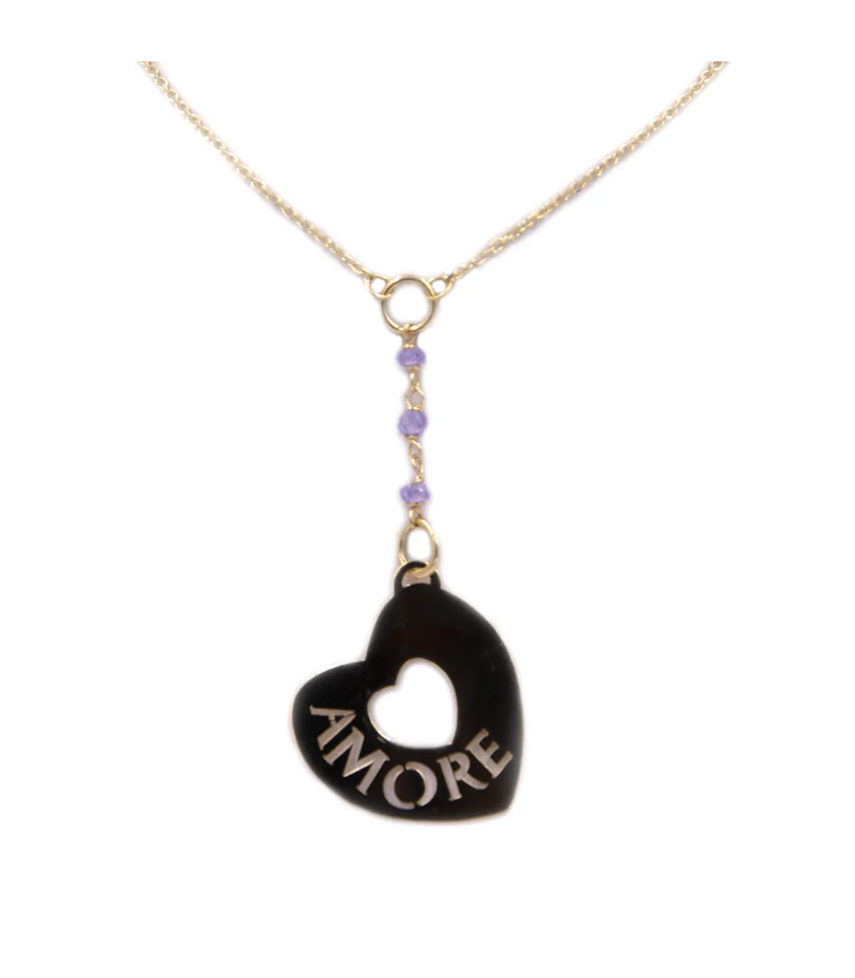 Collana in oro giallo con cuore pendente con scritta amore