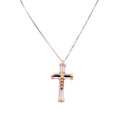 Collana in oro bianco con croce in oro bianco e oro rosa con brillanti carati totali 0,16