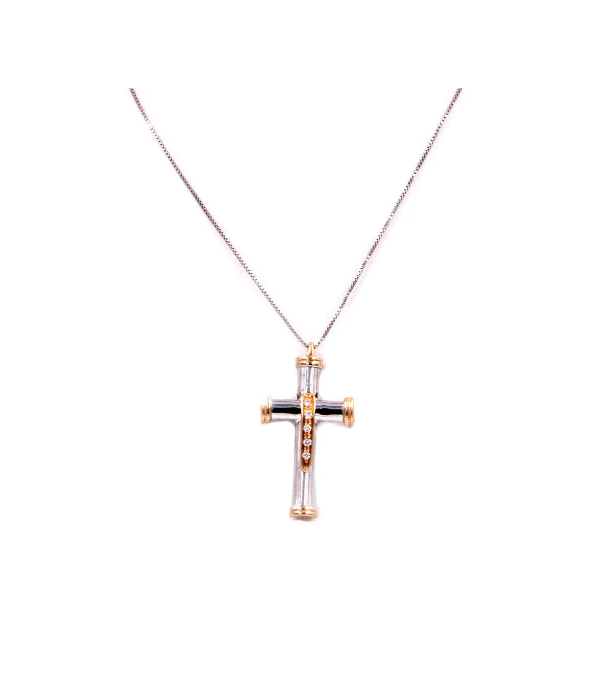 Collana in oro bianco con croce in oro bianco e oro rosa con brillanti carati totali 0,16