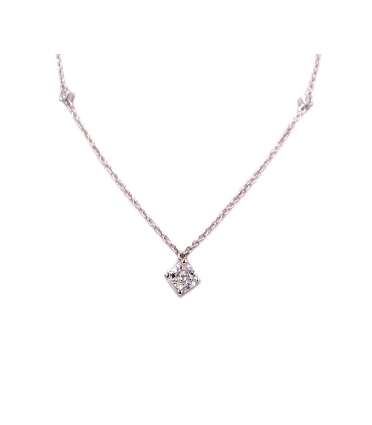 Collana punto luce in oro bianco con diamante antico da 0,70carati e due brillanti da 0,05 carati