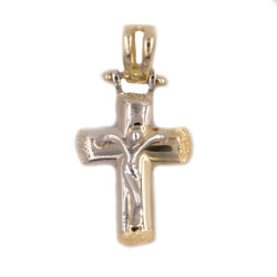 Ciondolo croce in oro giallo con Cristo in oro bianco