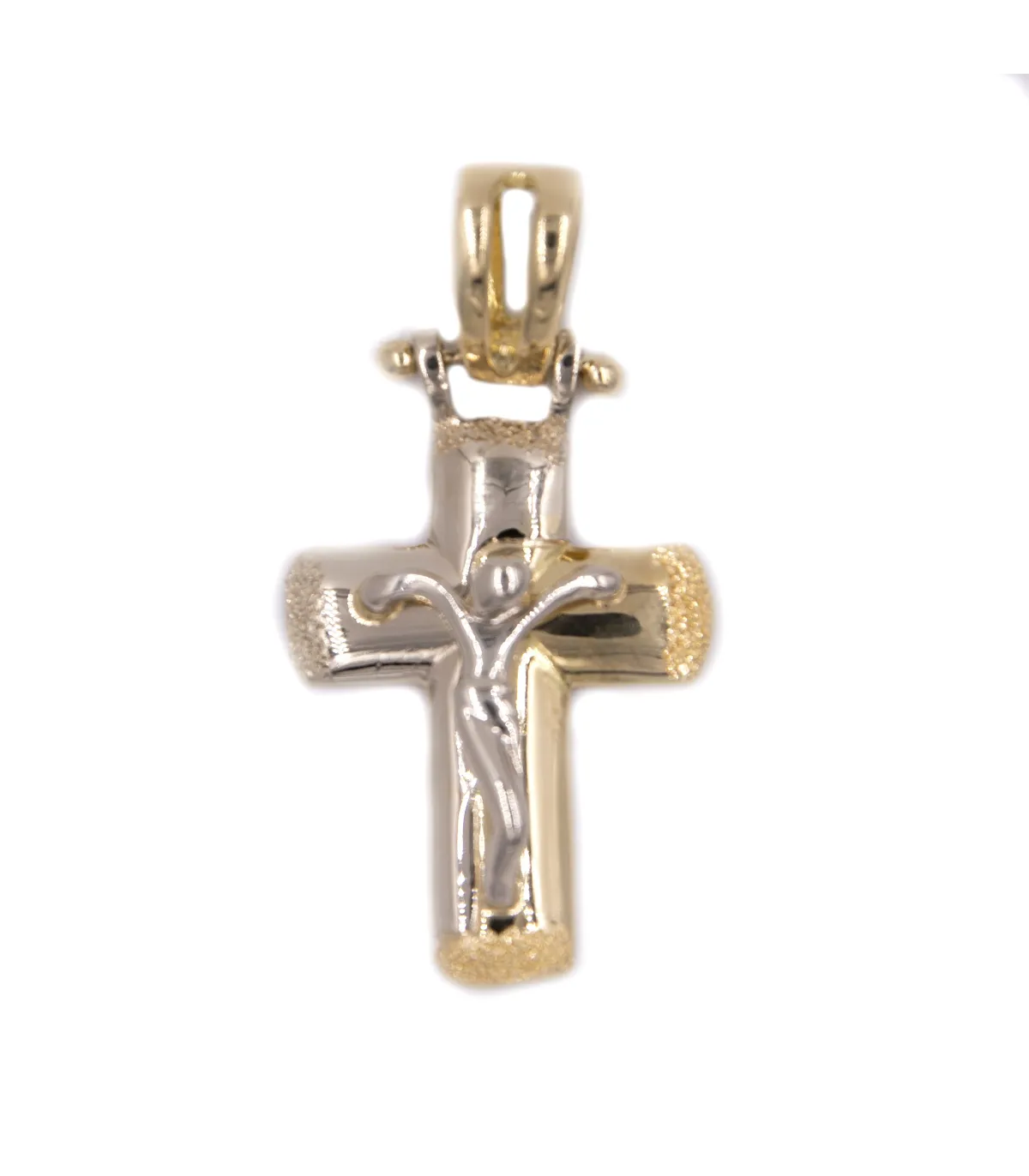 Ciondolo croce in oro giallo con Cristo in oro bianco