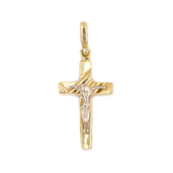 Ciondolo croce in oro giallo con Cristo in oro bianco