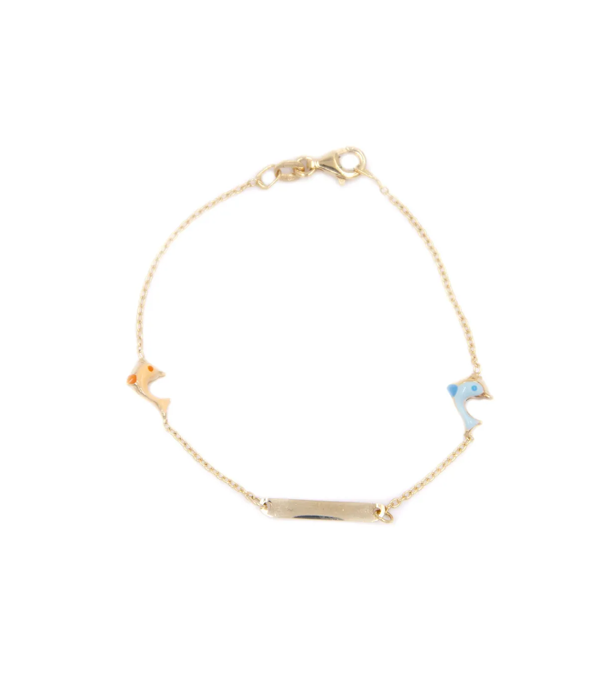 Bracciale in oro giallo da bimbo con targhetta e delfini