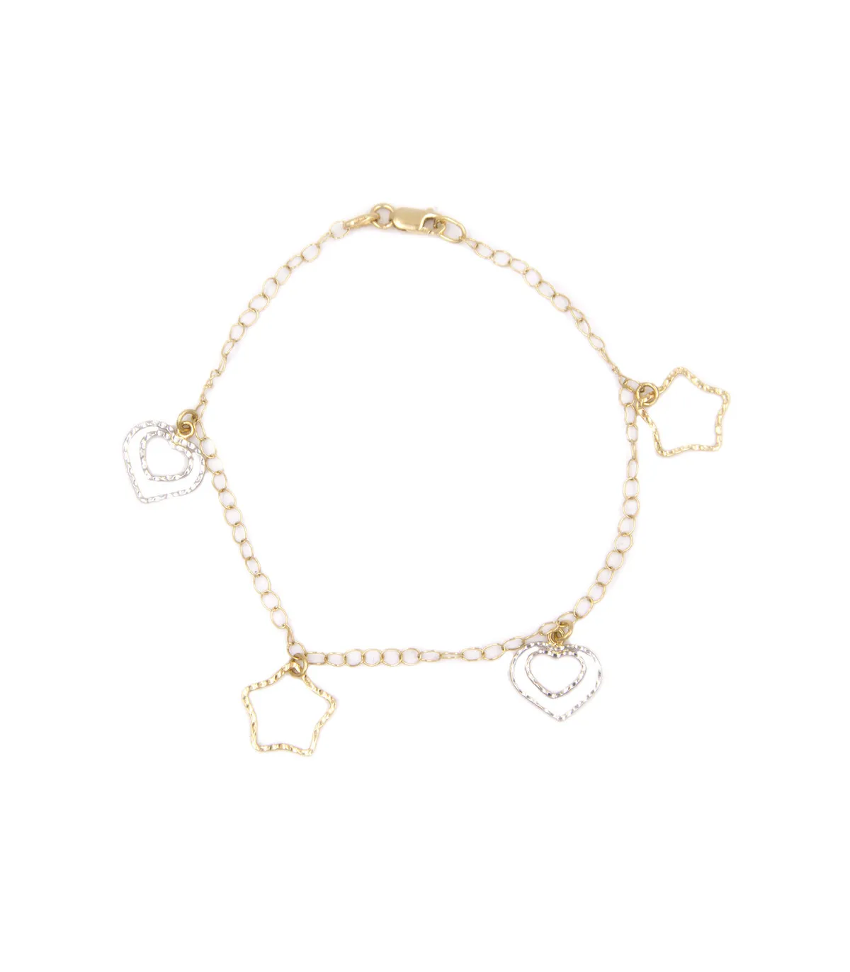 Bracciale in oro giallo e oro bianco con cuori e stelle e pendenti