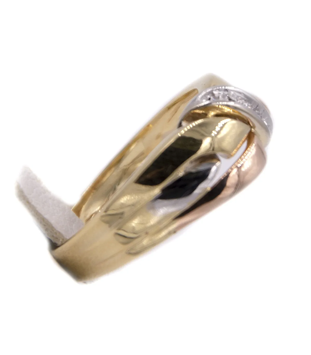 Anello in oro giallo, oro bianco e oro rosa con brillanti carati totali 0,07