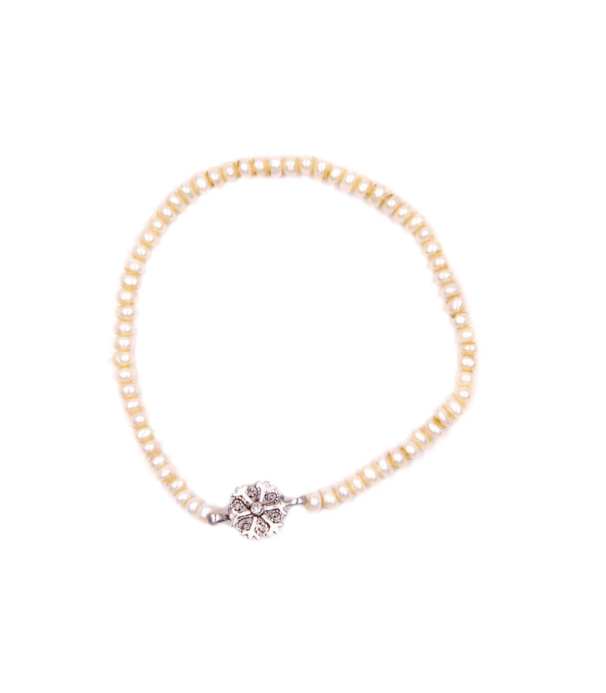 Bracciale elastico di perle con fiocco di neve in oro bianco e brillante da 0,02carati